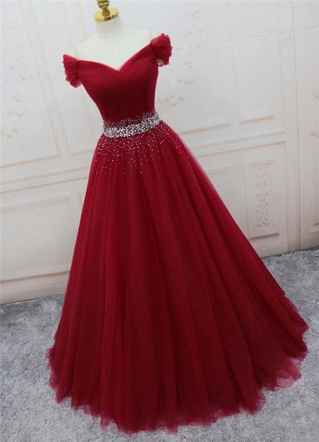 dark red off the shoulder prom dress