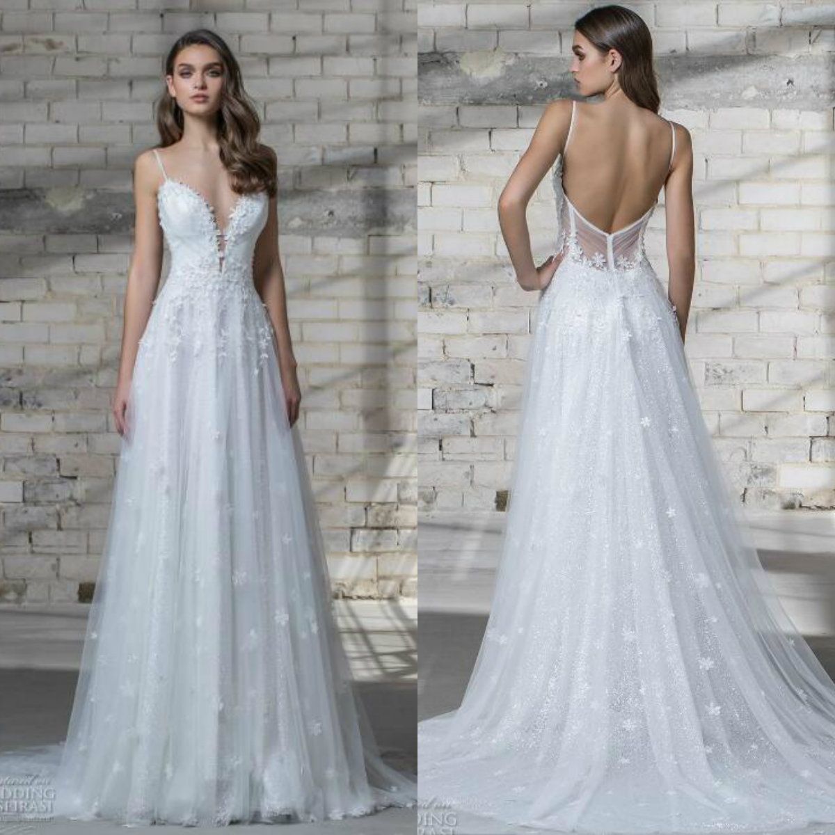 Pnina 2019 vestido de novia blanco sexy espagueti apliques florales tren sin respaldo vestidos de