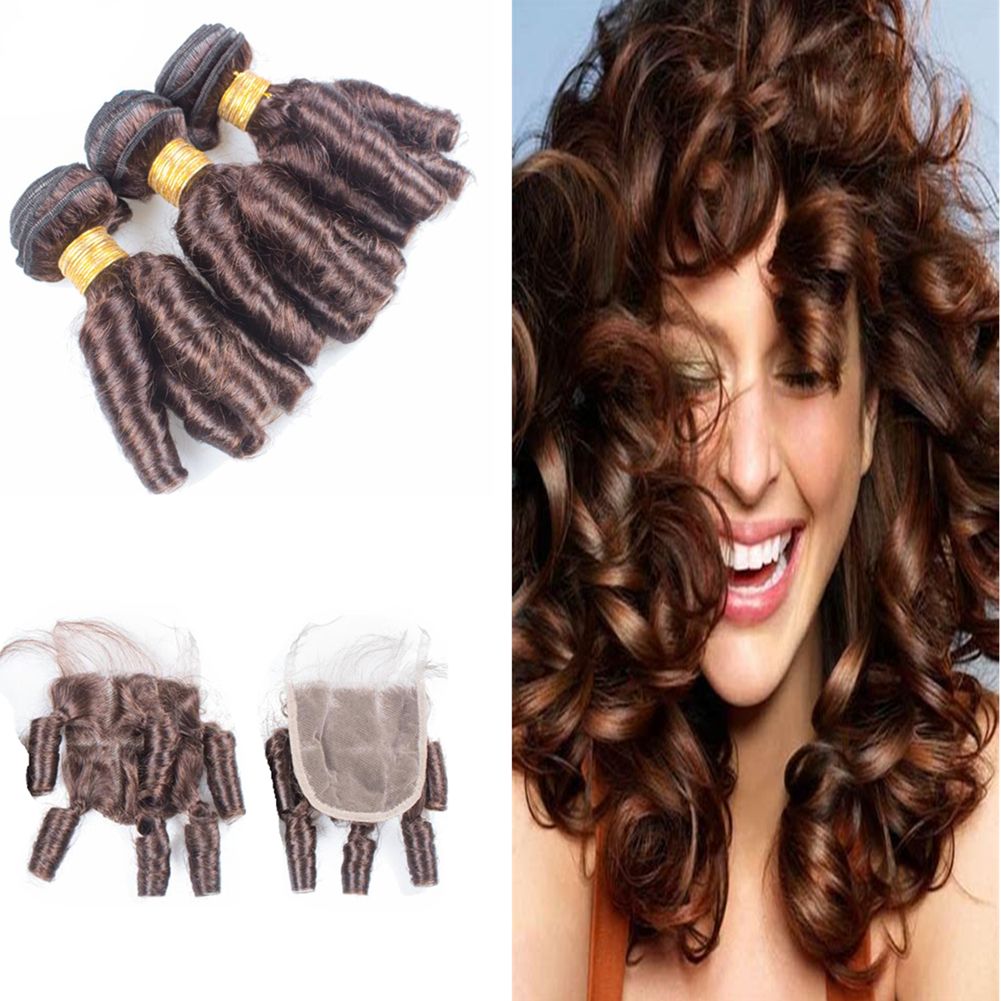 Dark Brown 4 Aunty Funmi Curls Hair Weaves With Top Closure 4x4