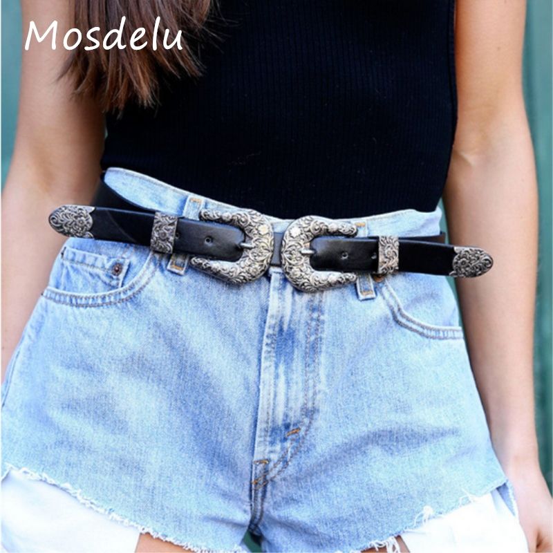 Style vintage femme femme argent double boucle en cuir pu ceinture taille unique
