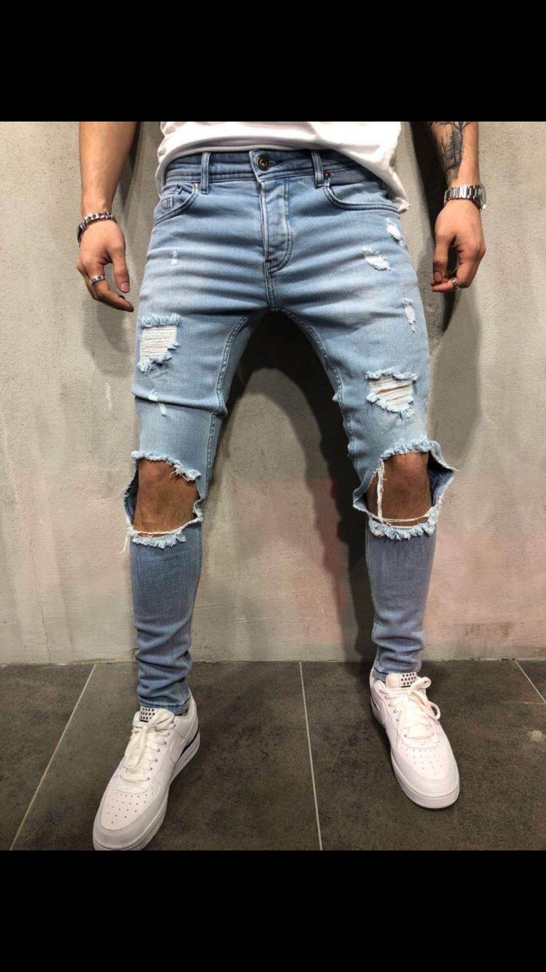 schildpad genie massa Heren jeans heren gescheurde gaten rechte slank elastische denim skinny  jean zwart blauw mannetje lange broek broek1