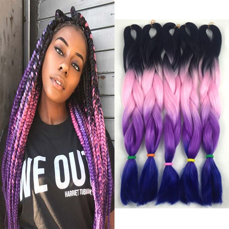 Wholesale Synthetic Ombre Braiding Hair Extensions Kanekalon High  Temperature Fiber Crochet Twist Hair Black Pink Purple Colors 24 inch 100g