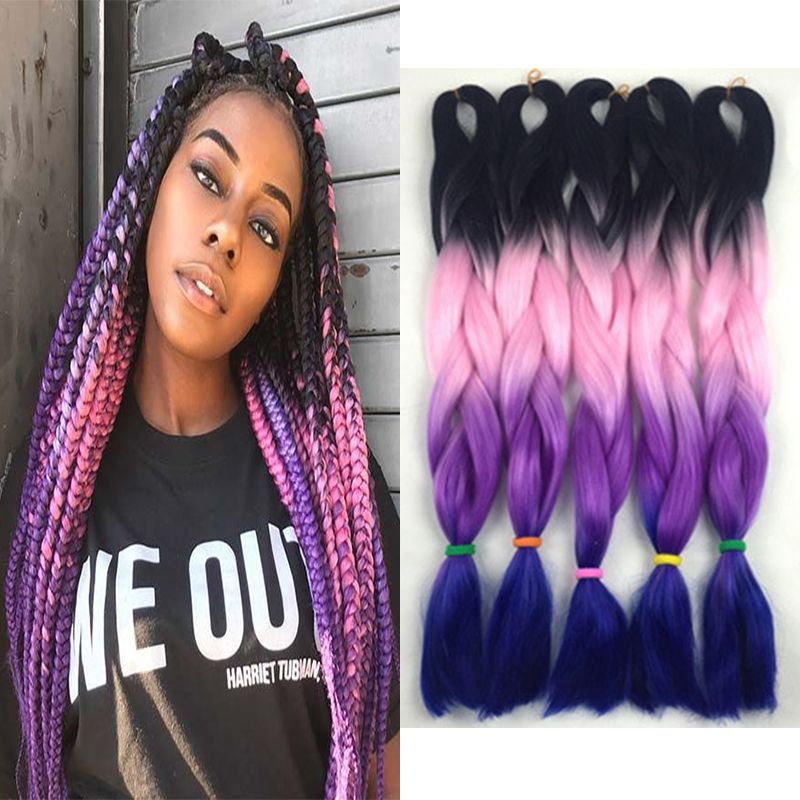 Wholesale Synthetic Ombre Braiding Hair Extensions Kanekalon High Temperature Fiber Crochet Twist Hair Black Pink Purple Colors 24 inch 100g Wholesale Synthetic Ombre Braiding Hair Extensions Kanekalon High Temperature Fiber Crochet Twist Hair Black Pink Purple Colors 24 inch 100g