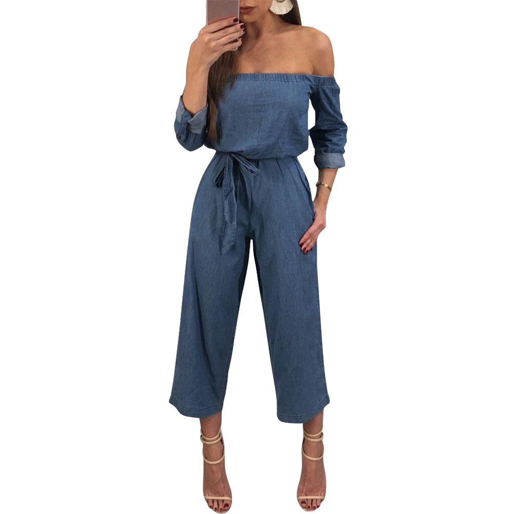 off the shoulder denim jumpsuit