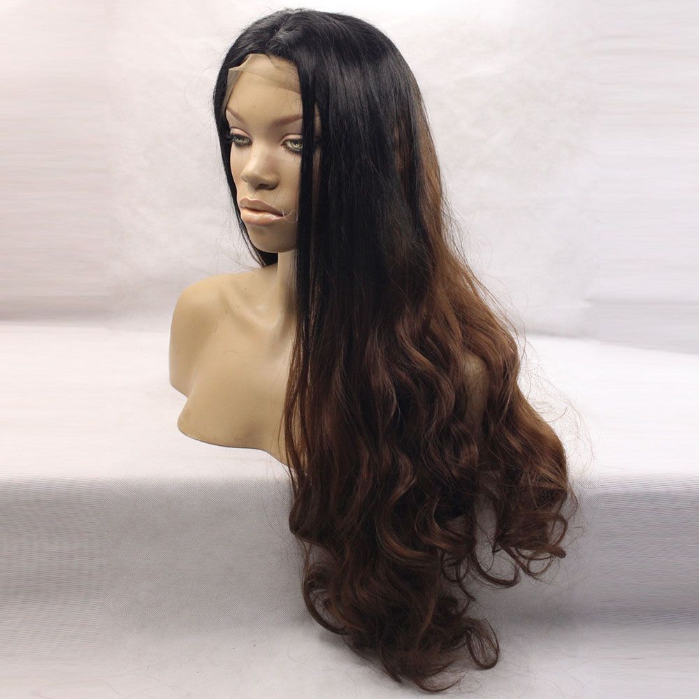 Black Dark Brown Ombre Hair Long Wavy Heat Resistant Fiber Synthetic Wig Front Lace Wig Or Capless African Wigs Synthetic Wigs With Bangs From