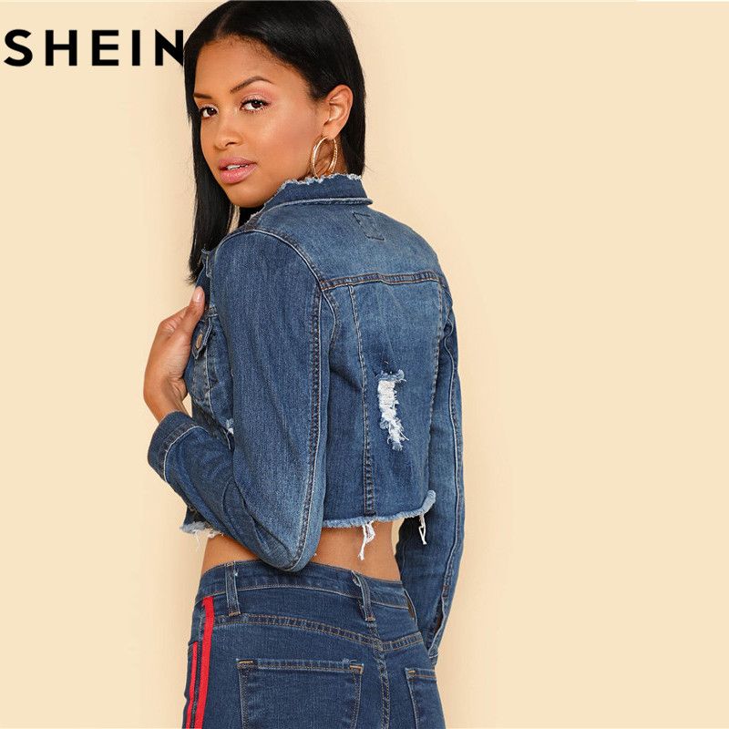 Compra SHEIN Mujer Azul Manga Larga Corta Chaquetas De Mezclilla Casual  2018 Cuello Doblado Hacia Abajo Dobladillo Liso Crema Apenada Ropa De Abrigo  Jean Barato | Entrega Rápida Y Calidad | Es.Dhgate