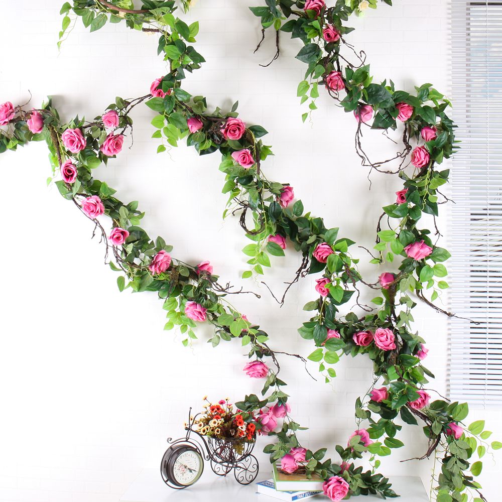 230cm Colgante Decoración falso Seda Rosas Vid flores artificiales con hojas verdes 