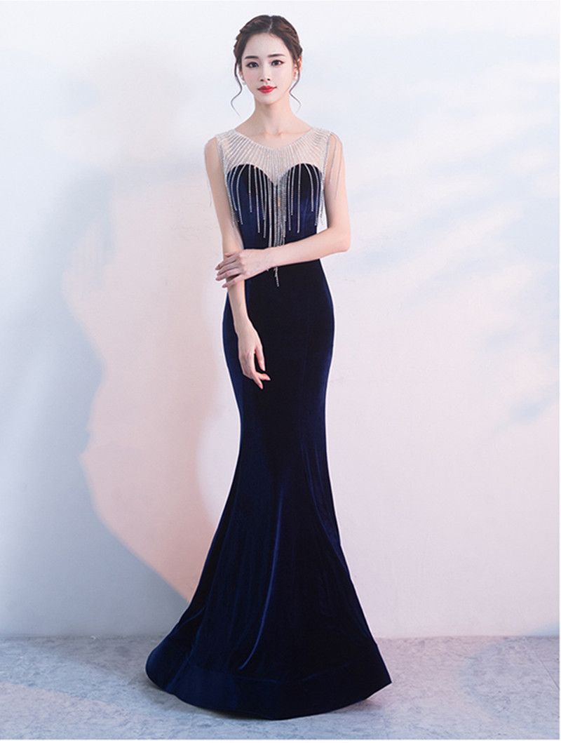 dark blue velvet gown