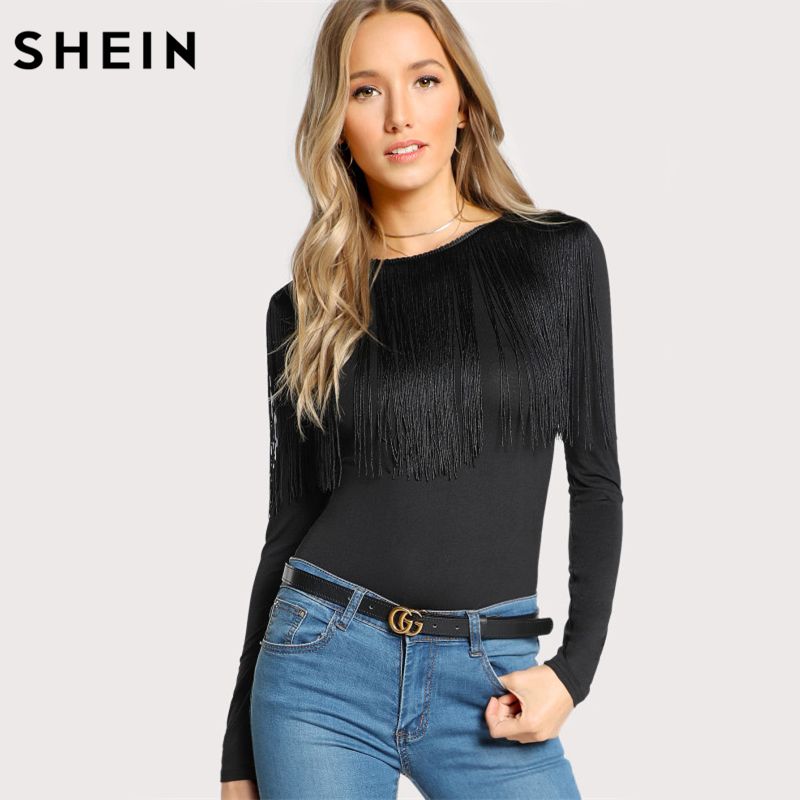 Women Fringe Detail Solid T Shirt Black 