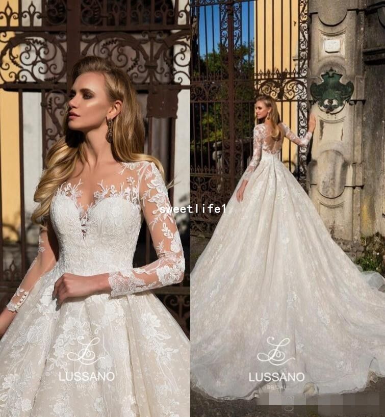 Discount Vintage Champagne Lace Wedding Dresses 2019 Long Sleeves Full Lace Retro Bridal Gowns Berta Bridal Duabi Wedding Gowns A Line Lace Wedding Dresses A Line Wedding Dresses With Lace From Sweetlife1
