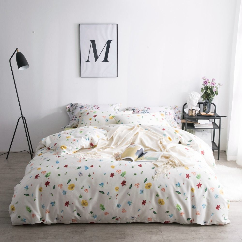 Satin Bed Set Teen Girl Bedding Luxury Bedsheet Flowers Printed