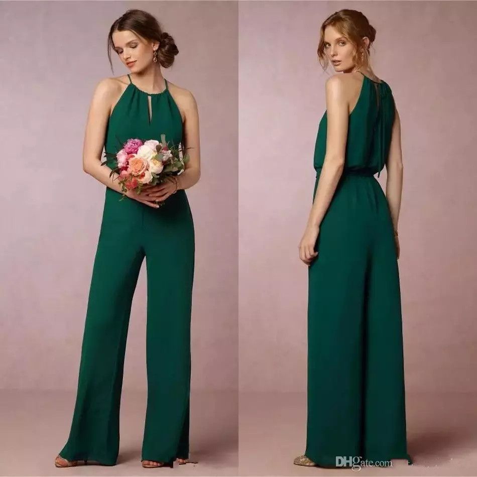 Dark Green Bridesmaid Pant Suit Dresses Flow Chiffon Maid