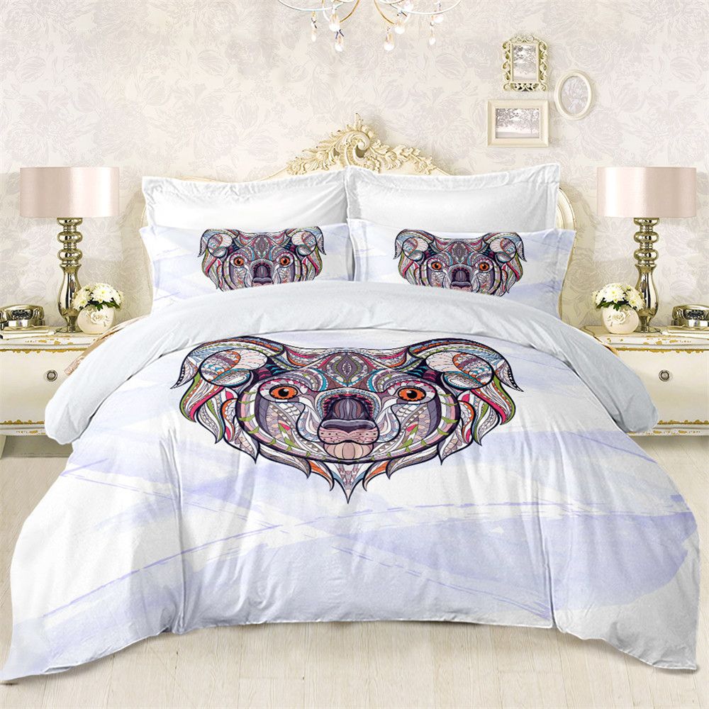 Cute Koala Print Bedding Set Colorful Geometric Duvet Cover White