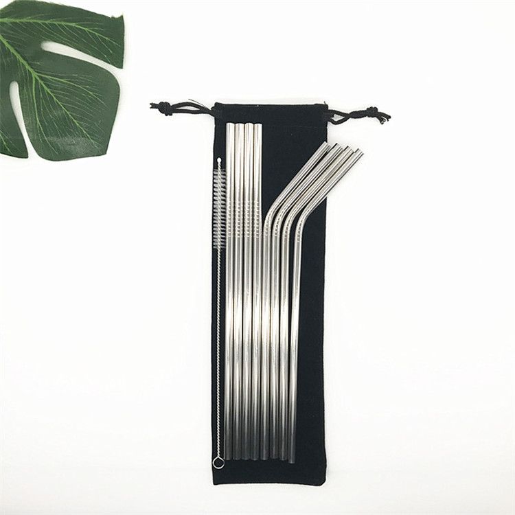 8+304 Stainless Steel Straw With Retail Package Silver Straws Wholesale Straws Velvet Bag