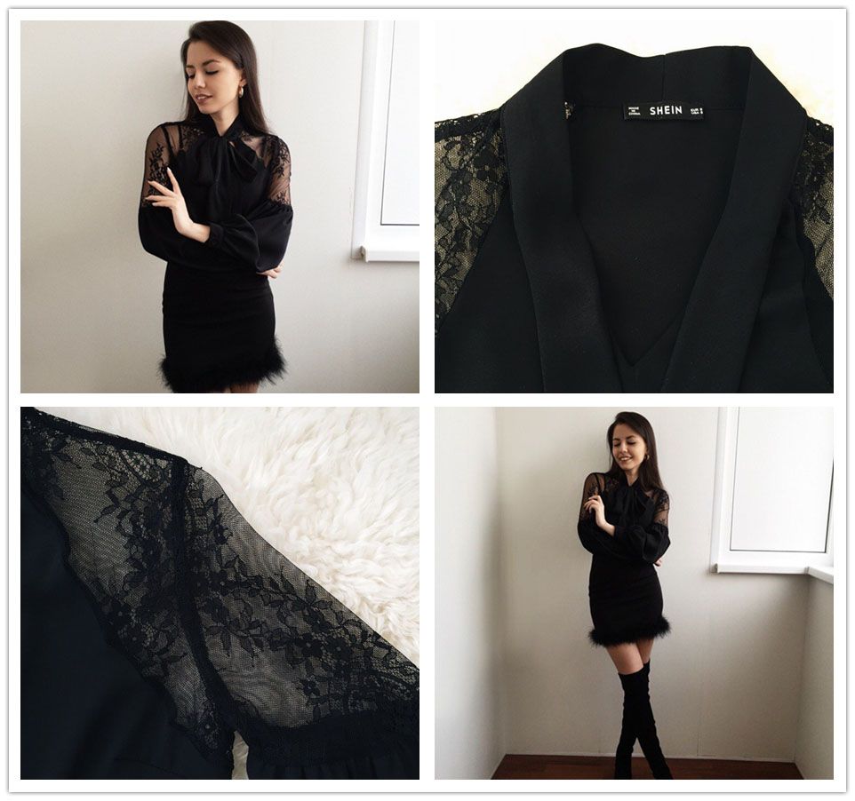Compra SHEIN Blusa Con Manga Larga De Linterna Negra Tops De Mujer Elegante  Con Estampado De Oficina Blusa Con Cuello En V Informal Top Con Cuello En  Contraste Barato | Entrega Rápida