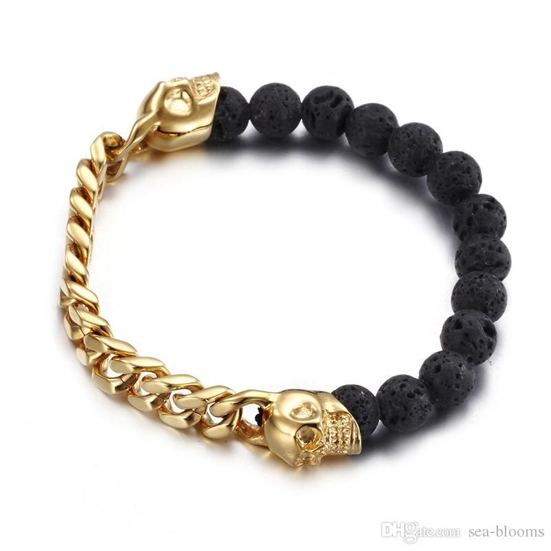 black bracelet with gold skull
