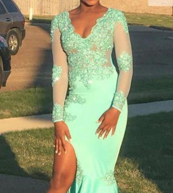 Mint Green African Prom Dresses With Long Sleeves Lace Appliques Side Split Evening Dress Sexy V Neck Black Girls Party Gowns From Wangli063 130 26 Dhgate Com
