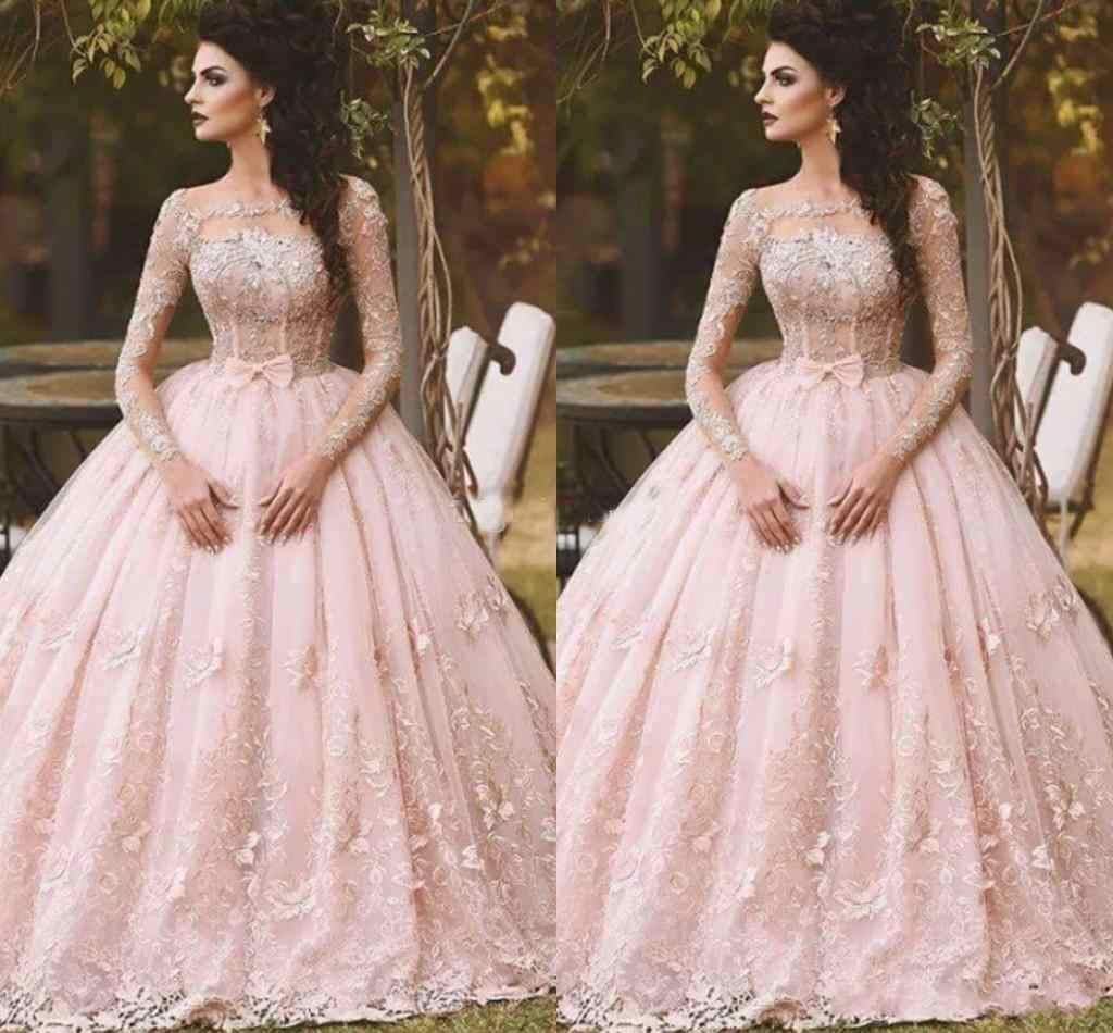 long sleeve blush evening gown