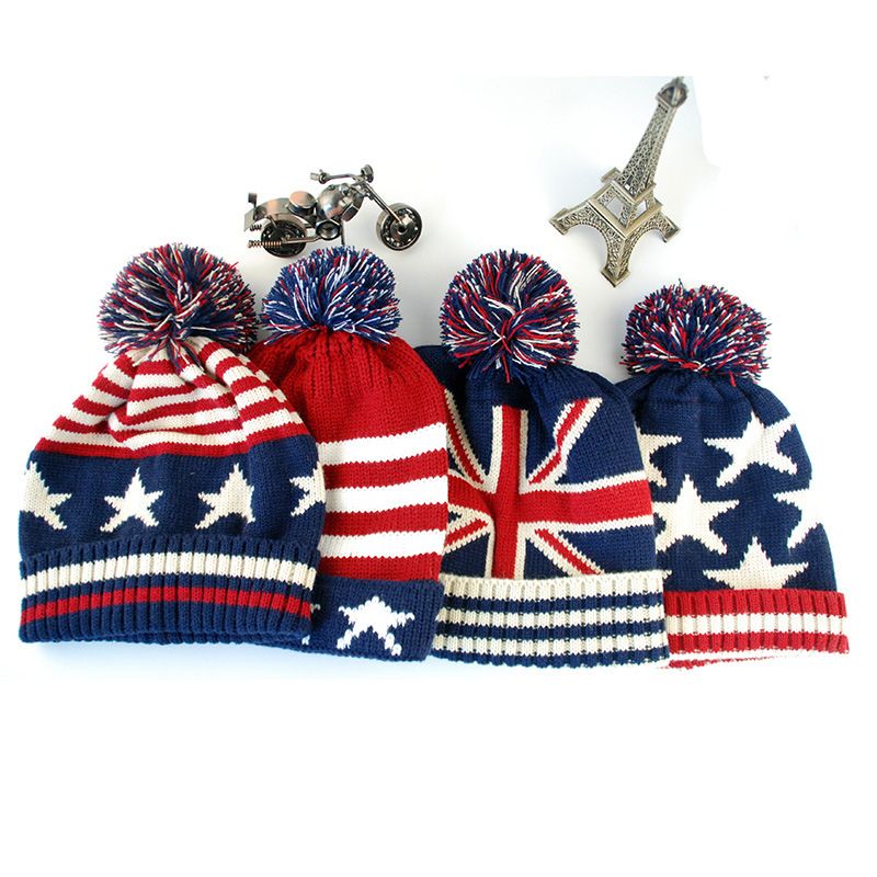 Woman Man USA American Flag warm Beanie hat Winter knit cap Pom Beanie NEW