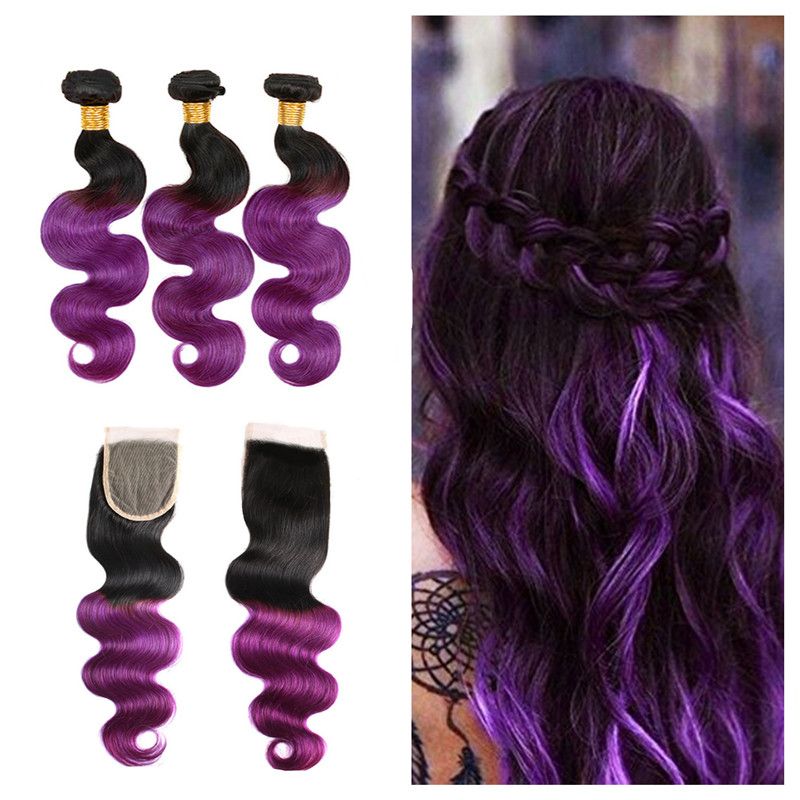 Ombre 1b Purple Hair 3bundles Extensions With Lace Closure Dark