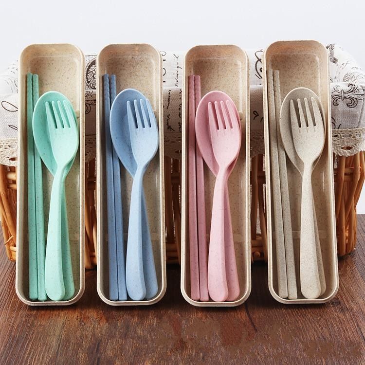colorful portable Reusable Wheat Straw Spoon Fork Chopsticks Cutlery box Set 