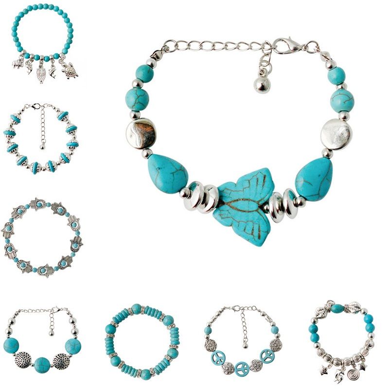Charm Bracelets Charms Turquoise Beads Owl Elephant Bird Pendant Bracelet Fashion Women Fine JewelryTurquoise Bead Bracelet T2C344