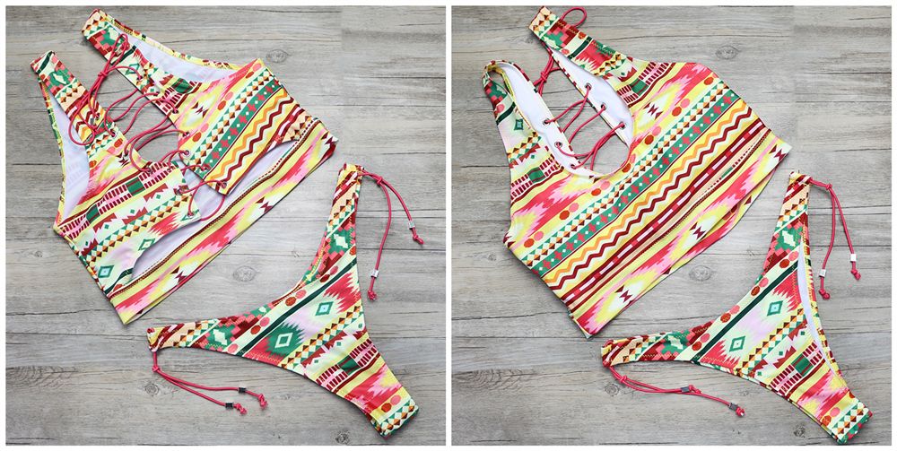 2021 Sexy Lace Up Bandage Biquini Bathing Suit High Cut Swimsuit Plus