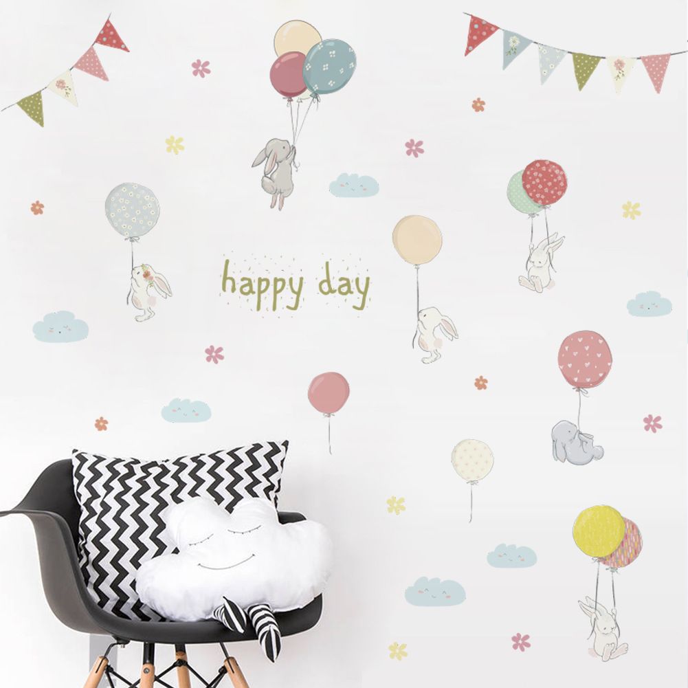Colorful Flags Cartoon Rabbit Cloud Flowers Balloon Wall Stickers