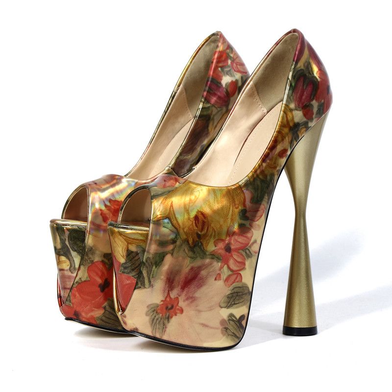 Estilo Europeu Sapatos Femininos Pintados Impressão De Moda Super Alta Salto Altura 20cm bombas com plataforma Peep Toe Tamanho: 34--50