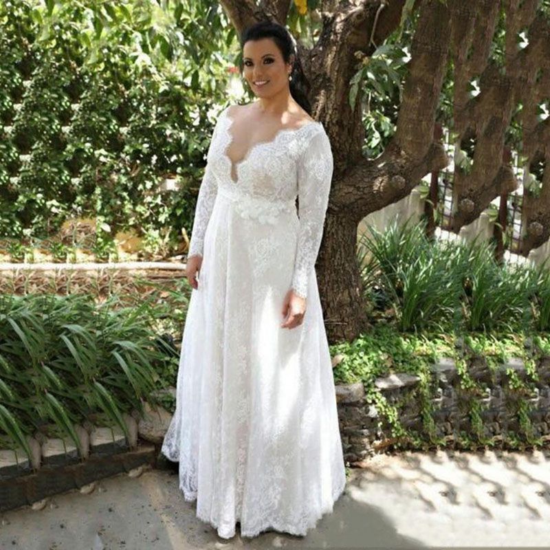 plus size white gown with sleeves