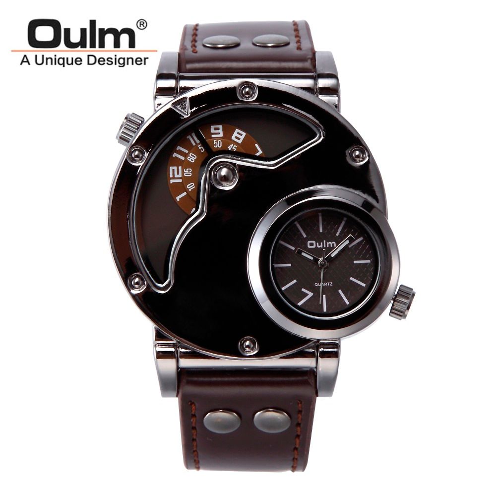 OULM Brand HP9591 Men Watches Stainless Steel Case Big Face Dual Time
