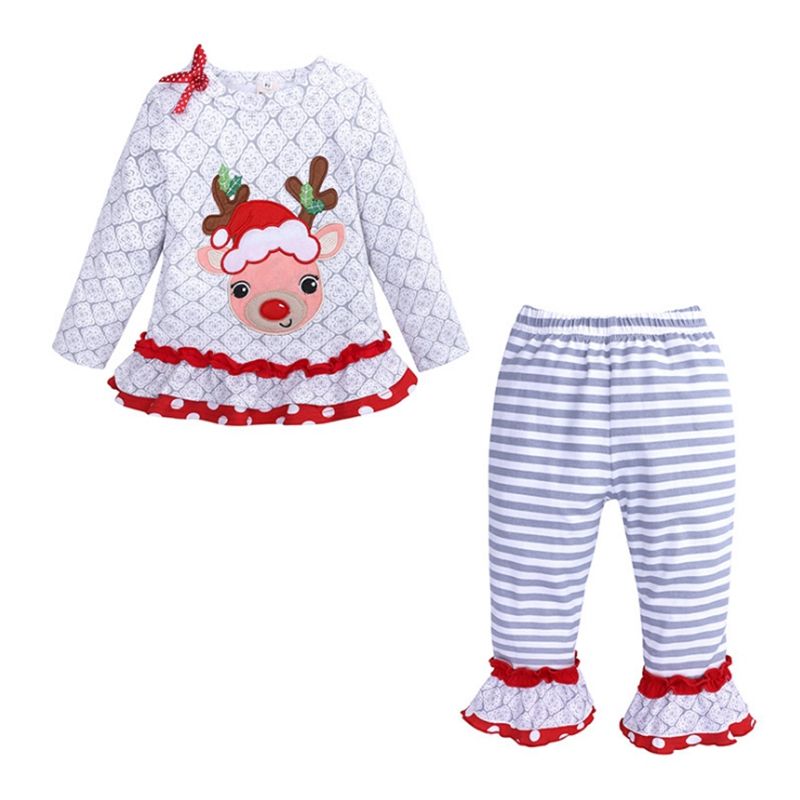 US Kids Baby Girls Christmas Cotton Outfits Long Sleeve Tops+Long Pants Clothes