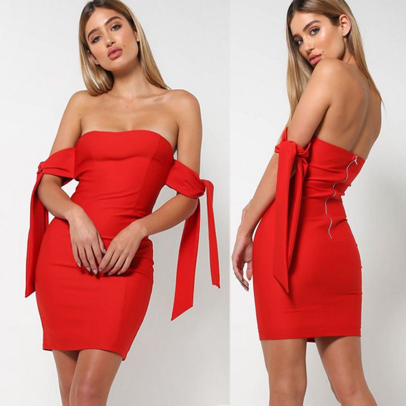 Elegante sexy fuera del hombro vestido rojo sin espalda corto para mujer delgado fiesta vestidos ajustados Elegante sexy fuera del hombro vestido rojo sin espalda corto para mujer delgado fiesta vestidos ajustados