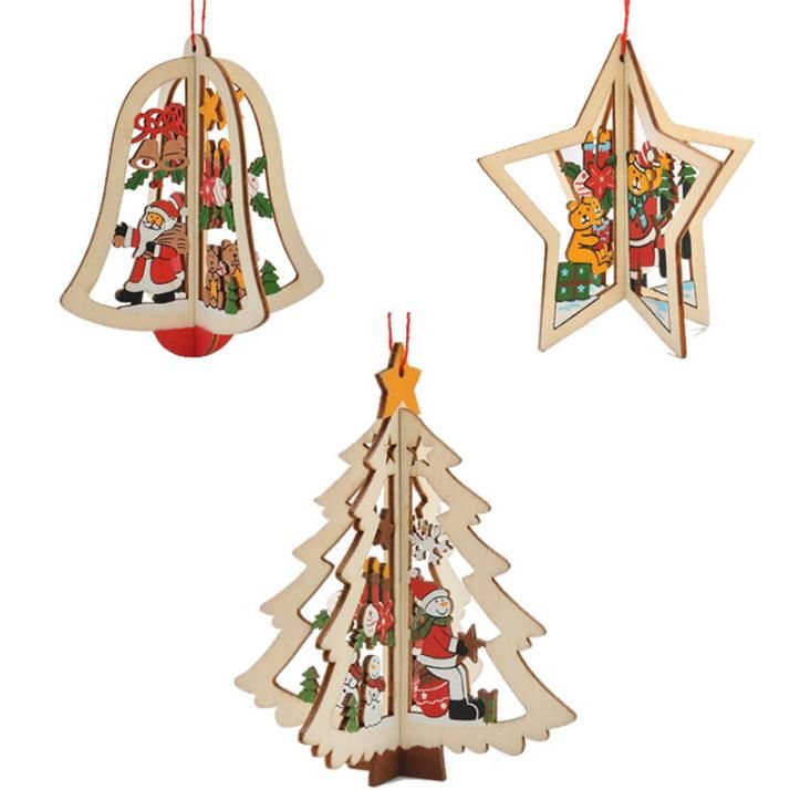 Hot Sale 3 Styles Creative Christmas Ornaments Carved Wooden