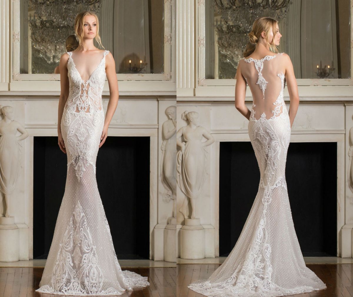 PNINA TORNAI 2019 Sirena Vestido de novia con cuello en V de espalda encaje espalda