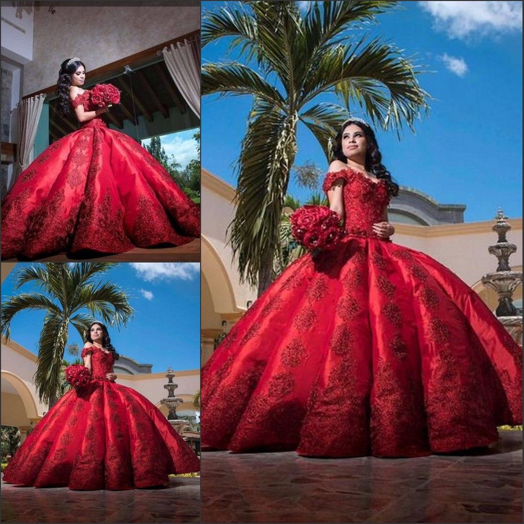 red off the shoulder quinceanera dresses