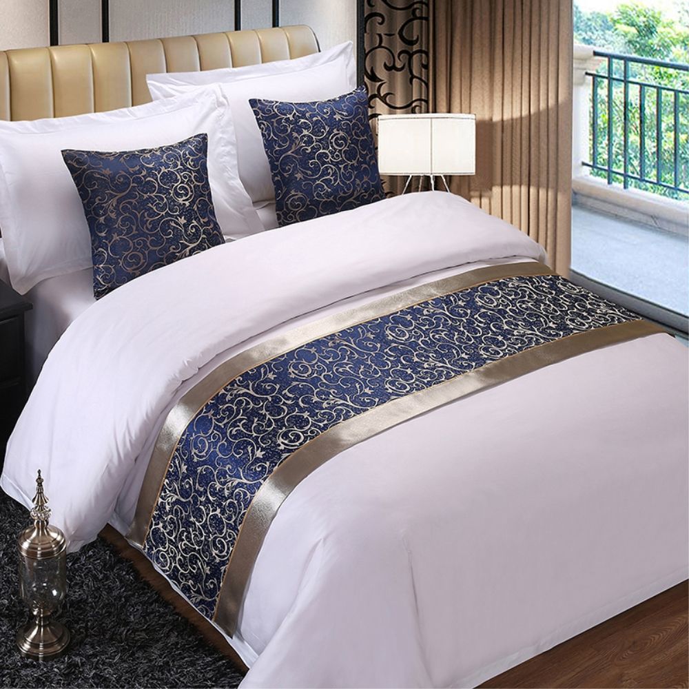 Polyester Navy Floral Bedspread Double Layer Bed Runner Bedding