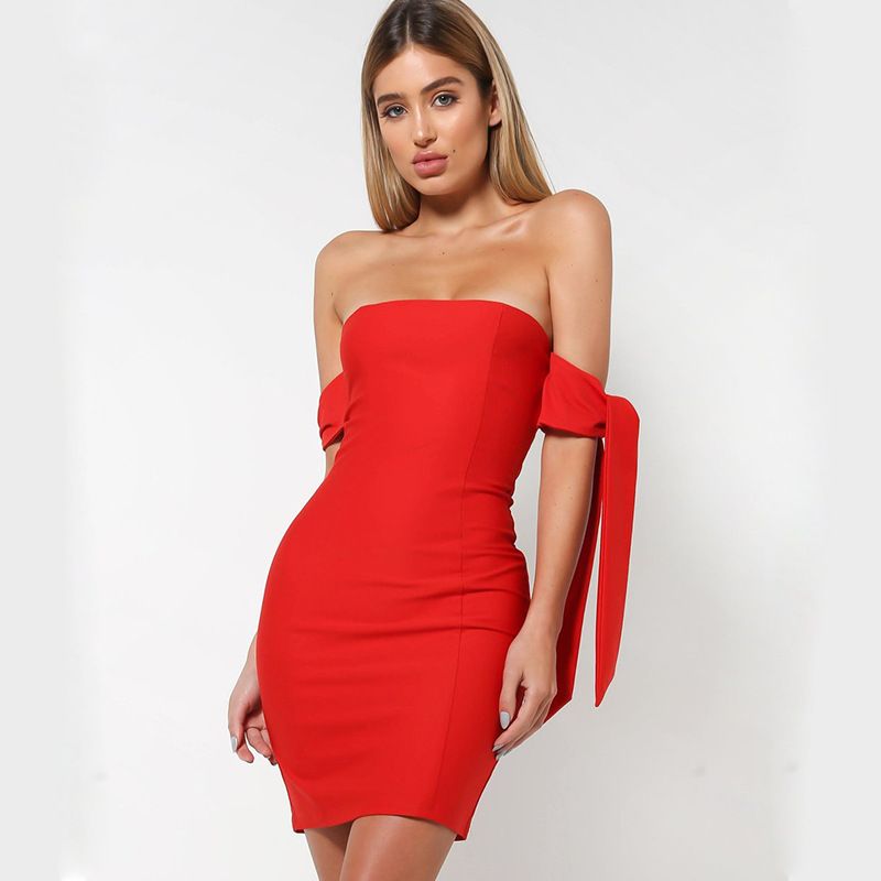 red straight neck bodycon dress