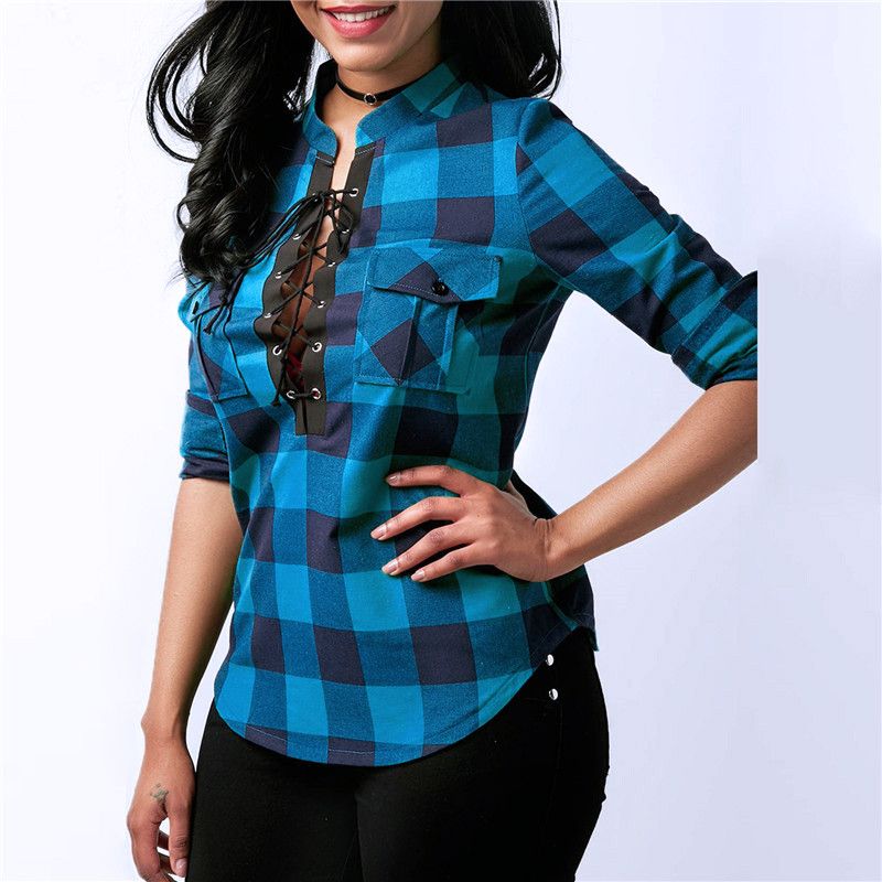 Camisas a cuadros de 2018 Blusas de larga de primavera Camisa señora de oficina con cordones de algodón Túnicas Tops casuales más talla S-5XL Blusas