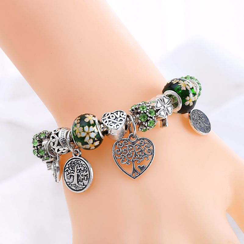 Pulsera De Vida De Árbol Verde Pulsera De Cuentas De Corazón Pulsera De Vida De Árbol Verde Pulsera De Cuentas De Corazón