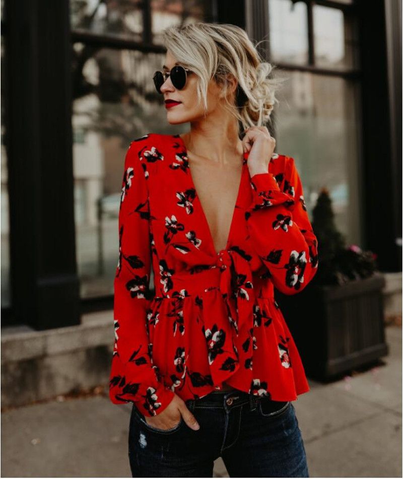 2018 Blusa Roja De Larga De Verano Con Cinturón Mujeres Con Cuello En V Camisa De Mujer Elegantes Camisetas De Impresión Ropa Formal De 20,91 € | DHgate