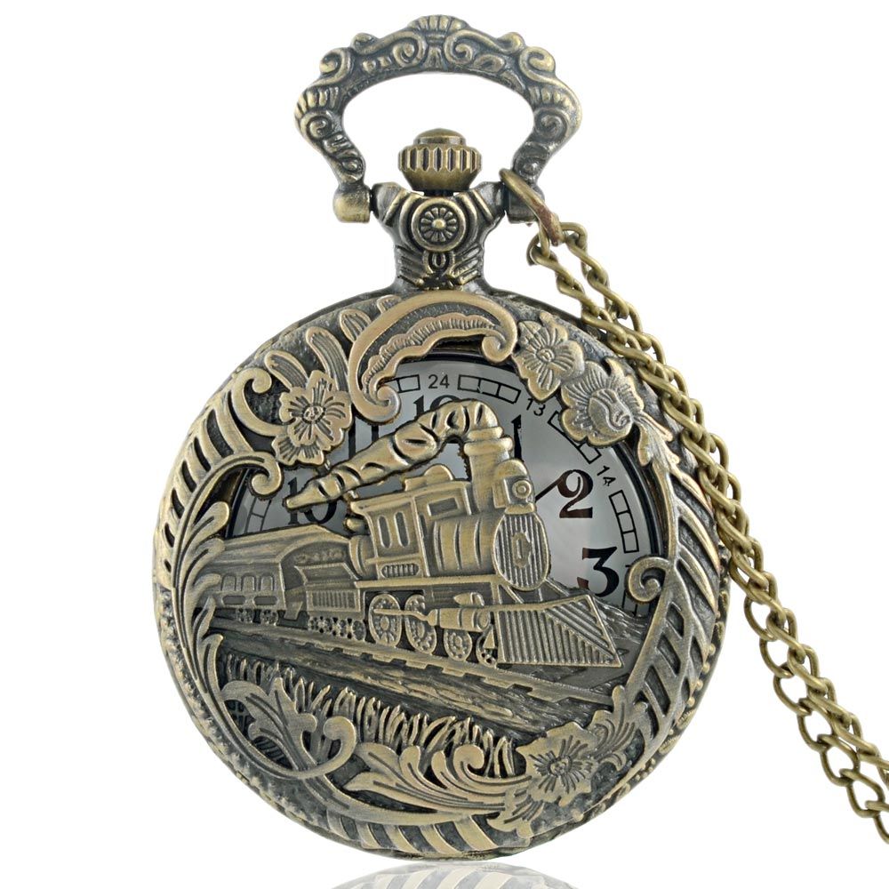 Classic Vintage Bronce tren tallado hueco Steampunk reloj de bolsillo de cuarzo Retro hombres mujeres collar colgante joyería regalos