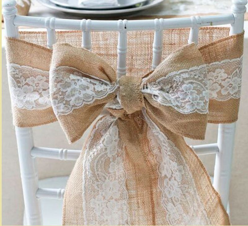 de la boda Naturalmente elegante silla de encaje de arpillera Fajas Yute silla lazo arco