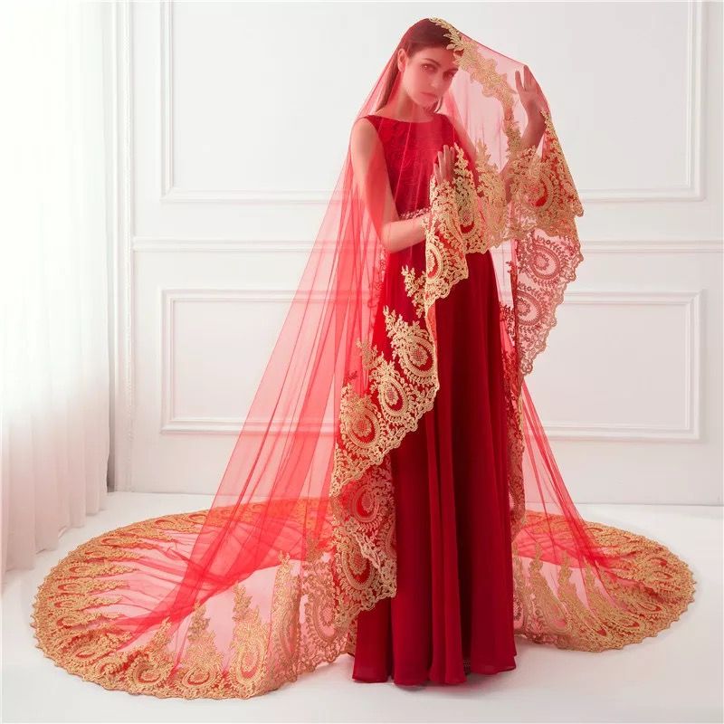 Muslim Wedding Veil Long Lace Gold Edge 350cm Length Red White Ivory Cathedral Veils In STock