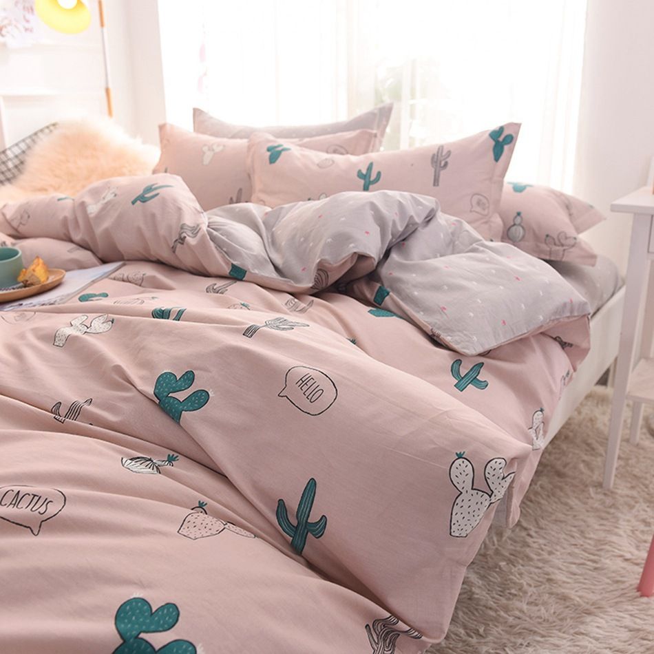 Pink Bedding Set Cartoon Cactus Duvet Cover Fresh Style 100