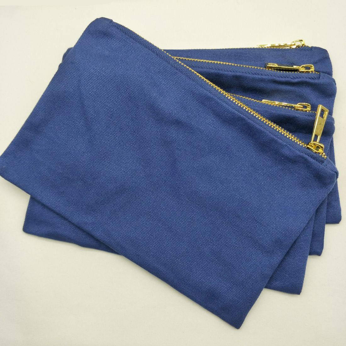 Plain Navy Thick Canvas Makeup Bag With Gold Zip Gold Lining Blank Navy