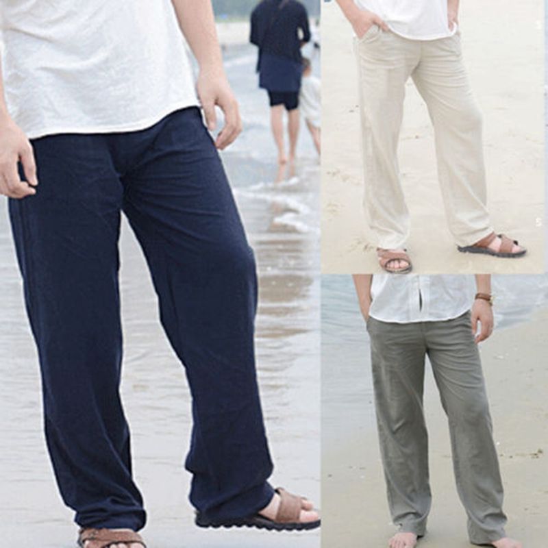 2020 Mens Linen Loose Pants Beach Drawstring Casual Long