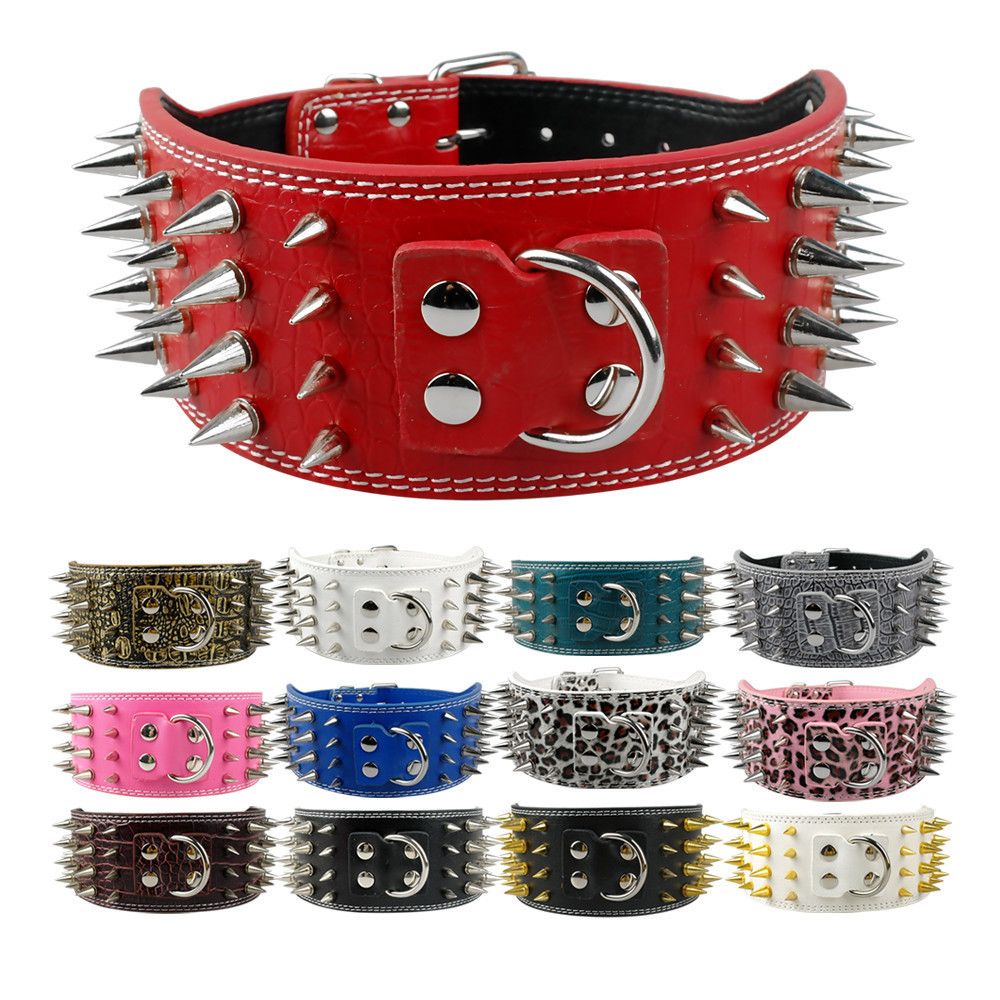 Hoot PU Leather Adjustable Spiked Studded Dog Collar 2 Wide 43 Spikes  (L(Neck 21-24), Rose Red) (M(Neck:19-22),Black)
