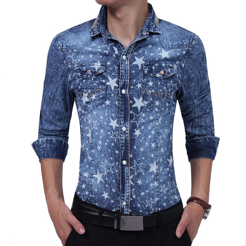 Marca 2018 moda camisa masculina de manga larga alta calidad estrellas imprime camisa de