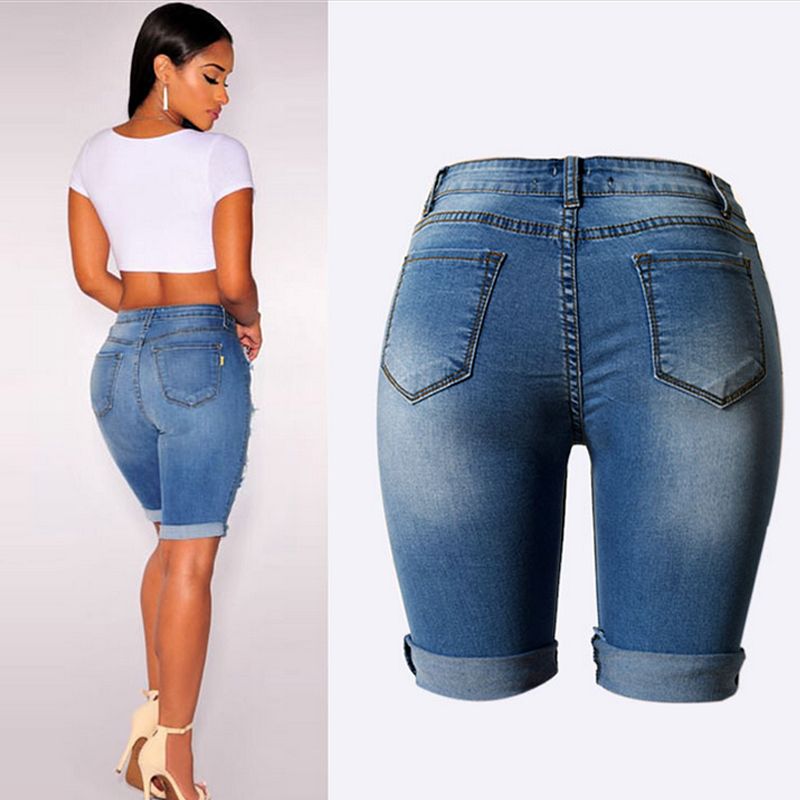 Compra Longitud De La Rodilla Jeans Rotos Para Mujeres Agujeros Tallas  Grandes Pantalones Cortos De Mezclilla Con Pantalones Vaqueros De Cintura  Alta Taille Haute Mujer Mujer Jean Femme 50 Barato | Entrega